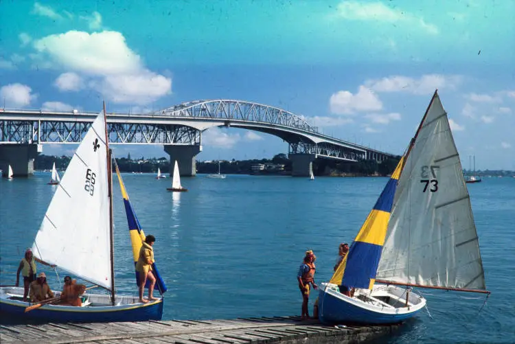 Auckland Harbour Bridge and sailing dinghies