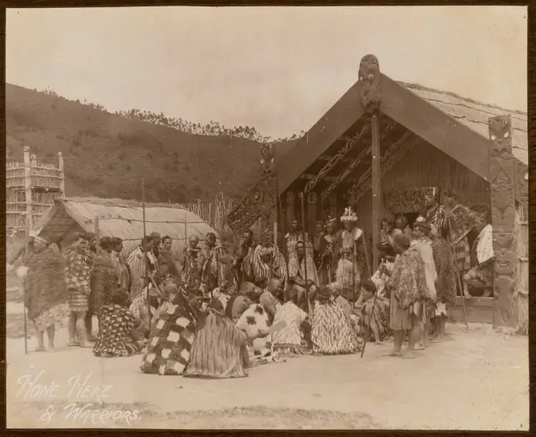 Group of Māori men at the Model Village, Whakarewarewa