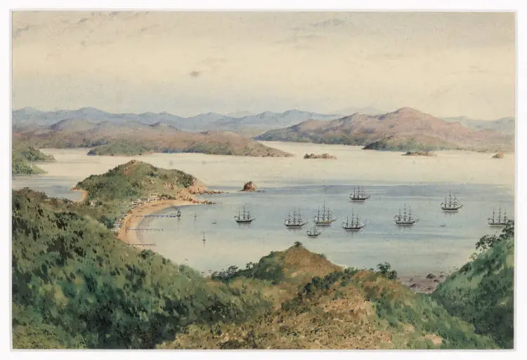 Old Russell from Flagstaff Hill with fleet of American whalers in harbour