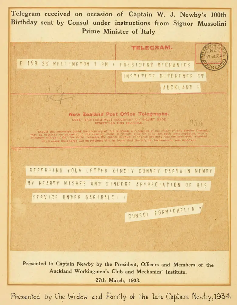 Telegram received on occasion of Captain William J Newby's 100th birthday, 1933