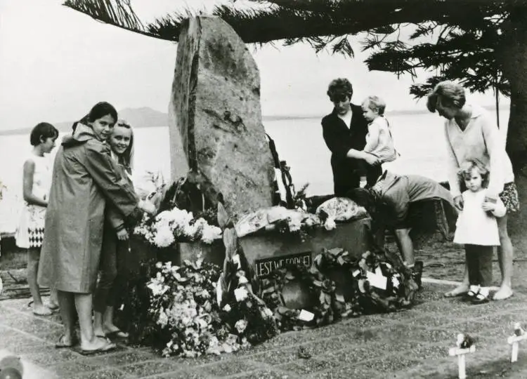 The first Anzac Day service at the Browns Bay War Memorial