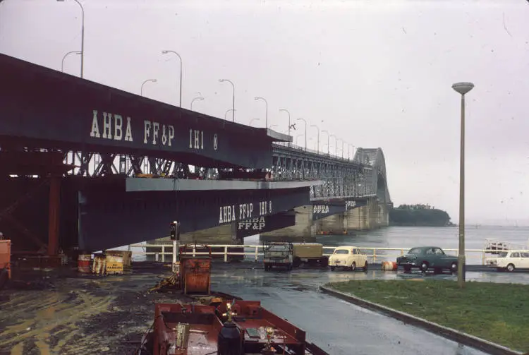 Girder sections in place at the Westhaven end of the bridge during construction of clip-on lanes, 1968