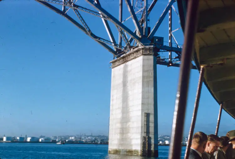 View of underside of the bridge during construction, 1959