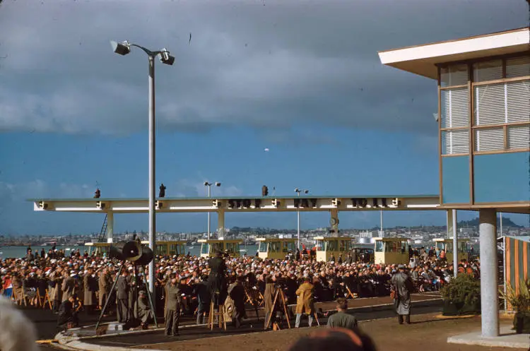 Auckland Harbour Bridge opening ceremony, toll plaza, 1959