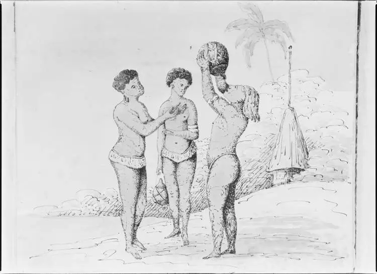 Women and a man drinking from a gourd