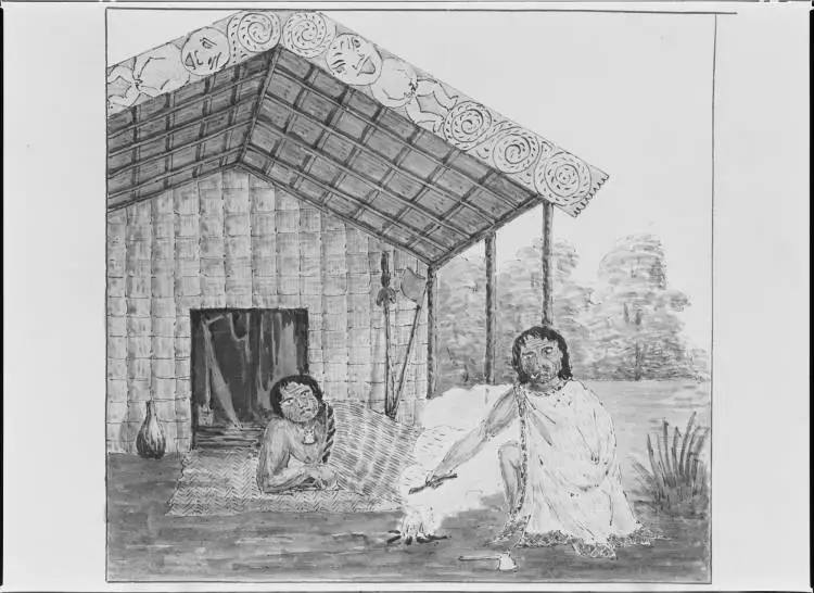 Two Māori men outside a wharepuni