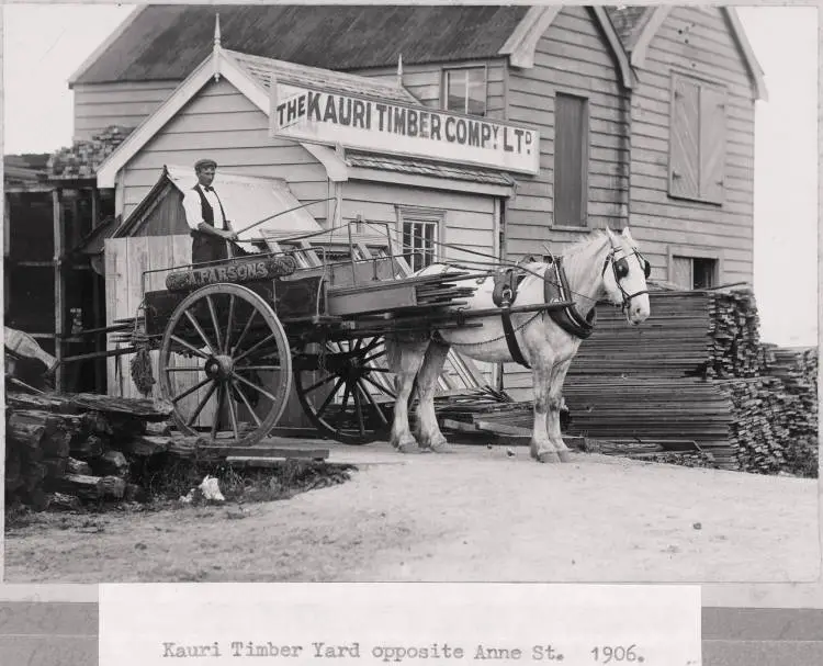 A. Parsons delivery wagon and driver in front of Kauri Timber Company Ltd., Devonport.
