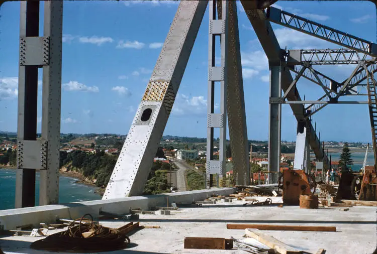 View from the Auckland Harbour Bridge looking back to Northcote Point, 1959