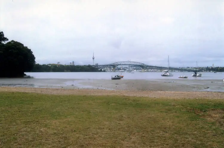 View of Auckland Harbour Bridge from Little Shoal Bay, Northcote.