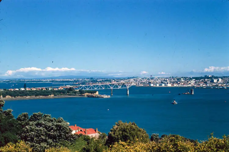 View from Birkenhead Point of harbour bridge under construction, 1958