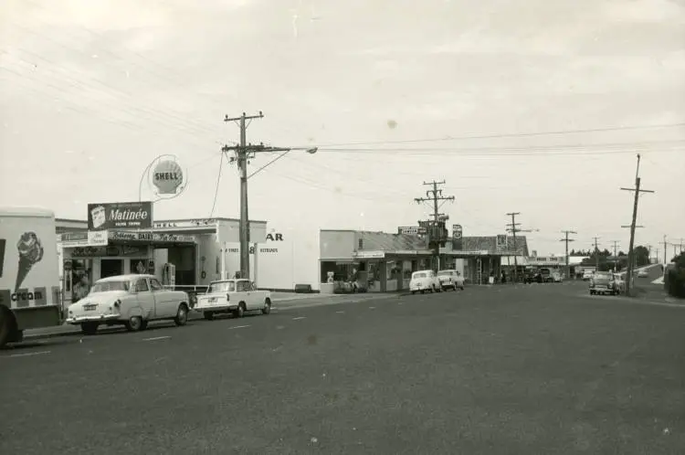 Rothesay Bay shops on Beach Road, looking toward Montgomery Avenue, East Coast Bays.