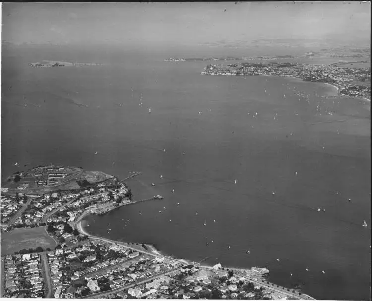 Aerial view of the Waitemata Harbour looking southeast from Devonport.