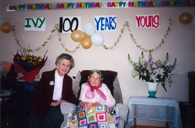 Ivy Loftus and Pat Soar at Ivy's 100th birthday, Browns Bay.