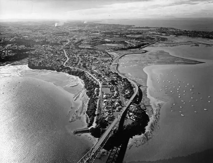 Aerial view of the Auckland Harbour Bridge, 1960s