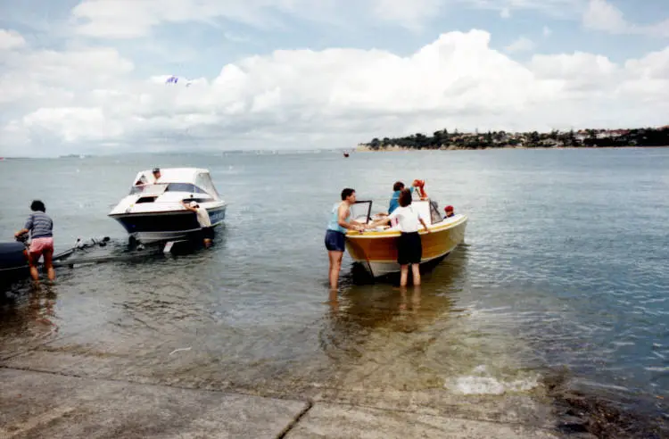 Powerboats launching off the boat ramp at the northern end of Takapuna beach