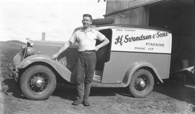 Milk vendor and van, Pukekohe, 1936