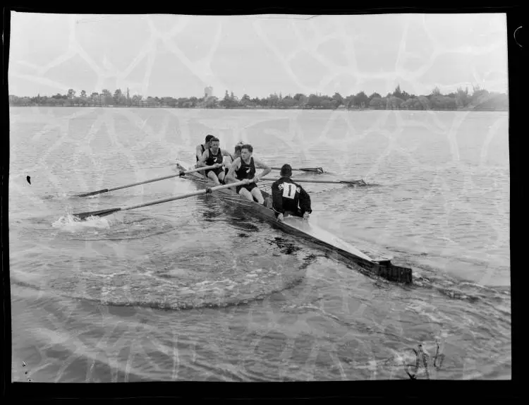 New Zealand Men's Four Oar with Cox team, Melbourne Olympic Games, Lake Wendouree, 1956