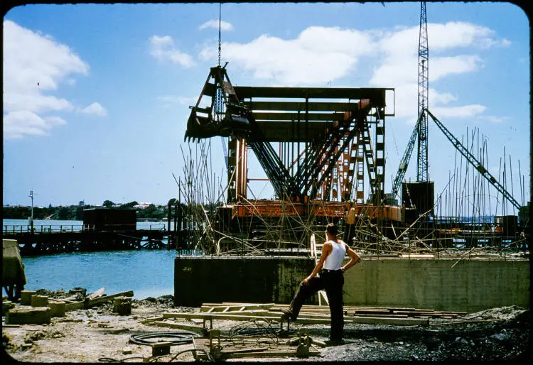 Auckland Harbour Bridge under construction, 1957