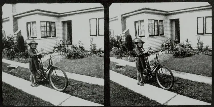 'Off to Brownies on the bike', Papatoetoe, 1948.