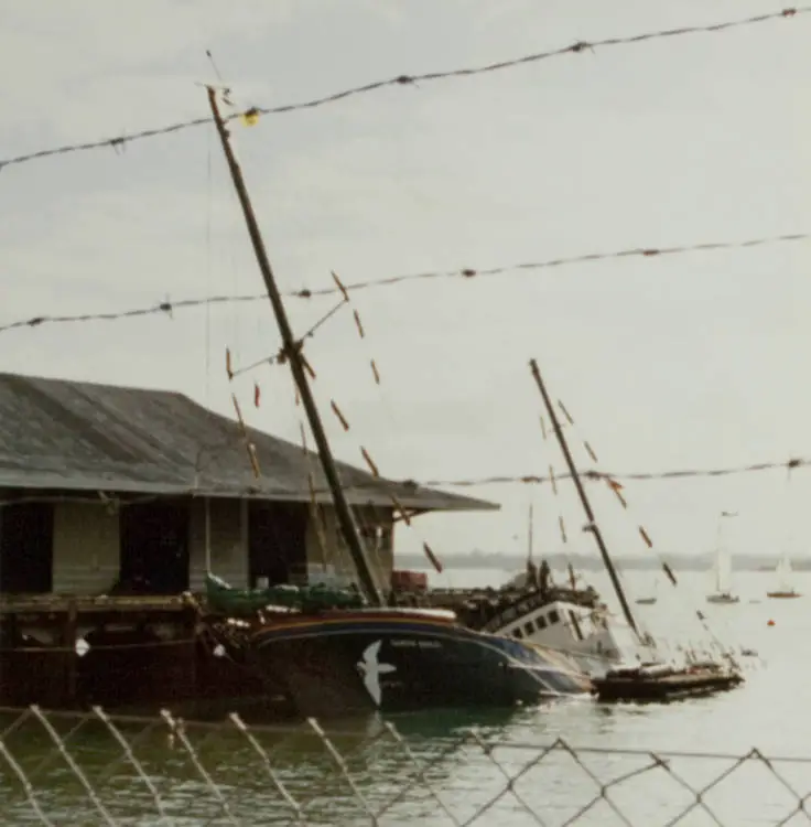 The Rainbow Warrior, Marsden wharf, Auckland, 1985