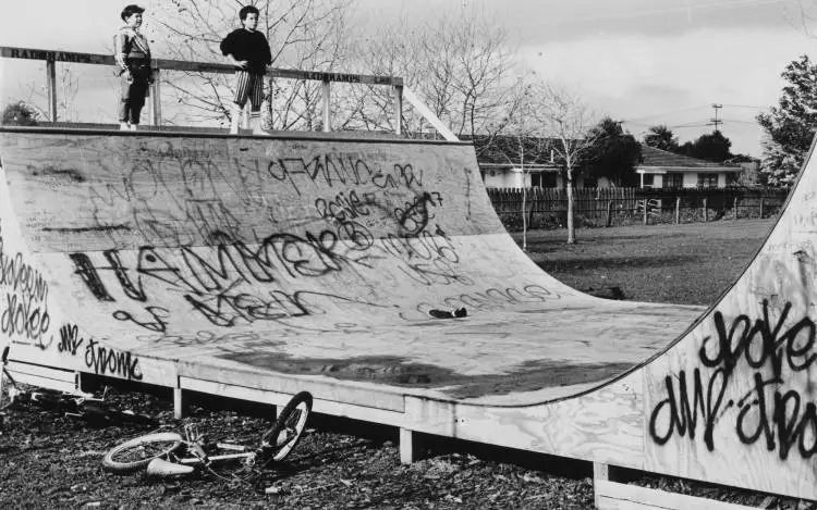 Battered skate board ramp, Takanini, 1992