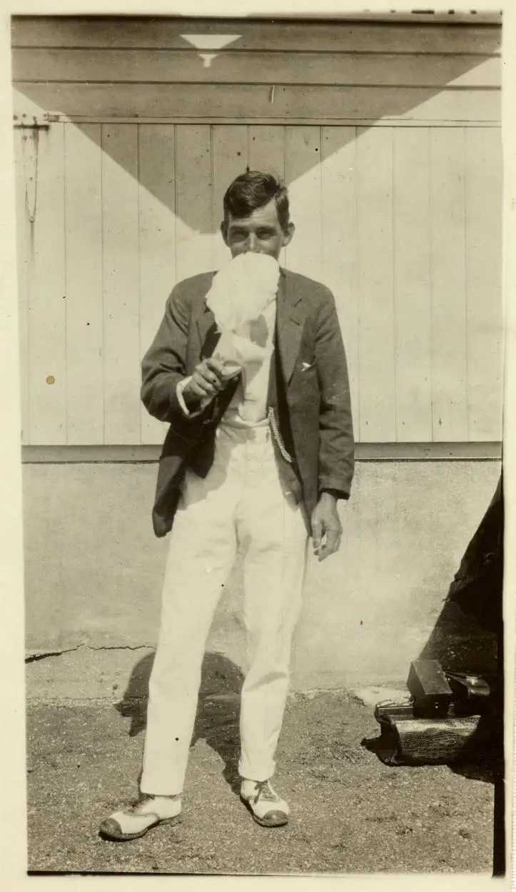 Frank Morris eating candy floss, Point Chevalier.