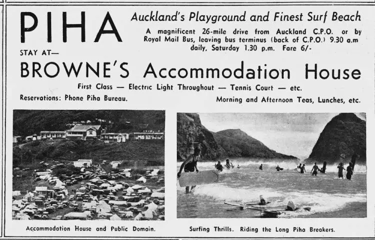 Advertisement for Browne's Accommodation House at Piha.