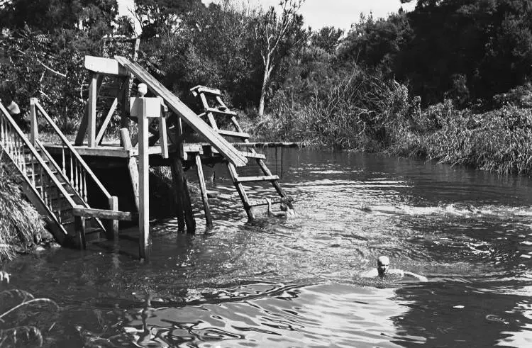 Diving platform and slide on Whau Creek inlet pool, New Lynn.