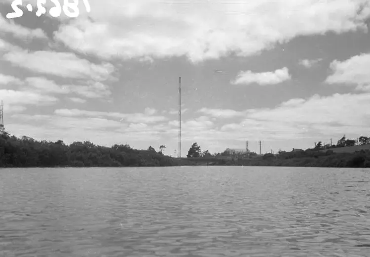 Motorway bridge and mast, Swanson inlet, distant view.