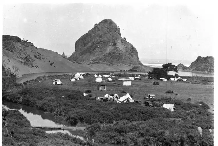 Piha camping ground and Lion Rock.