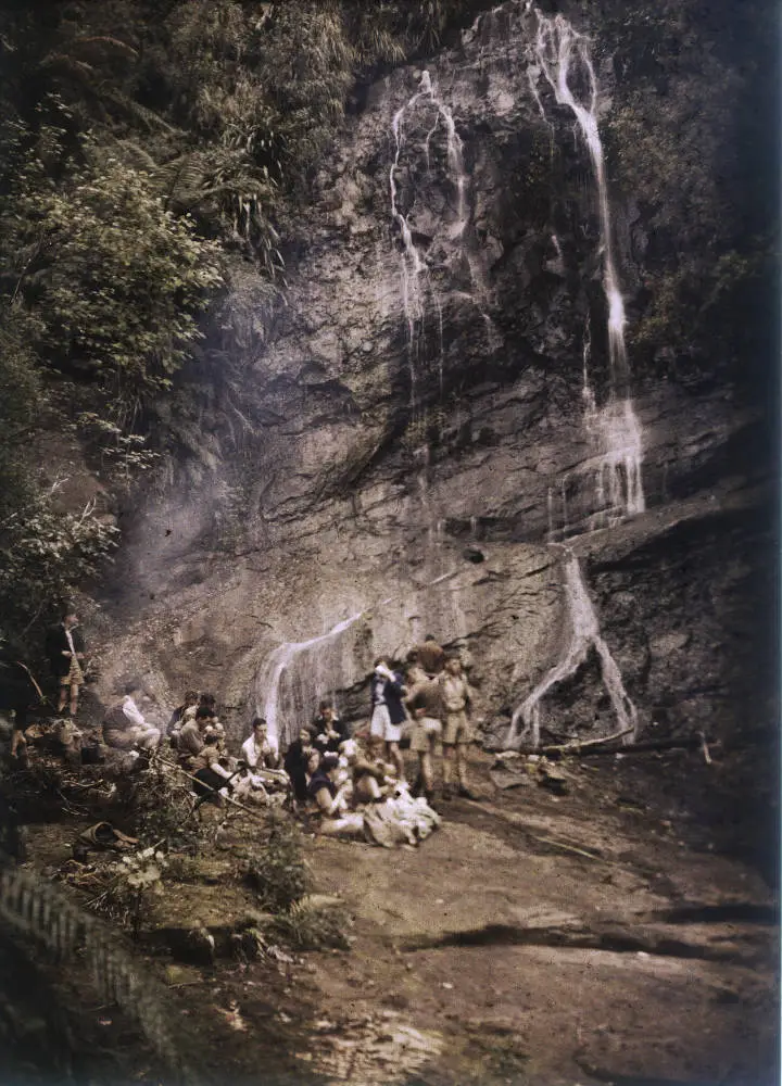 Auckland Tramping Club members at Karekare waterfall