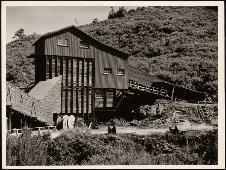 The mine entrance and 'surge' bins at Blackball Mine