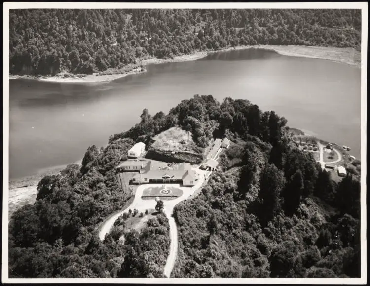 An aerial view of Lake House, Lake Waikaremoana