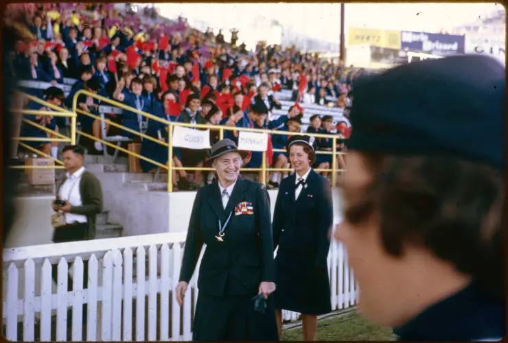 Lady Baden-Powell greeting Girl Guides at Eden Park, 1967