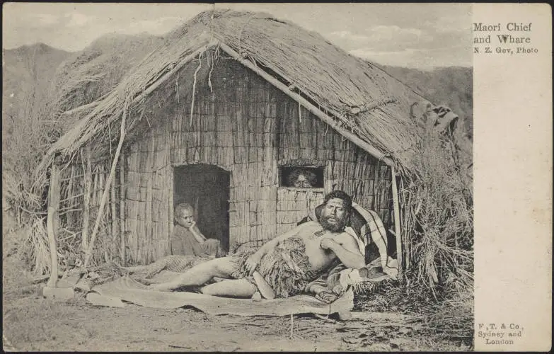 Māori Chief and whare, 1875