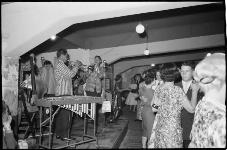 Merv Thomas's band at the Crystal Palace Ballroom, Mt Eden Road, 1959