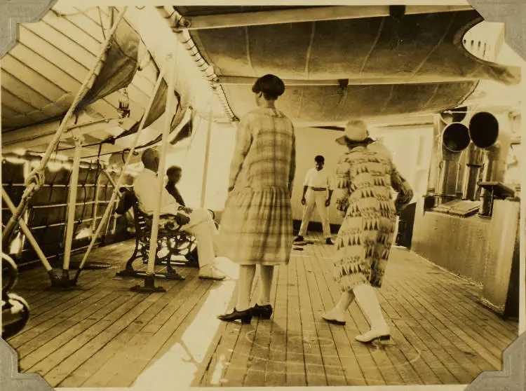 Mrs Cameron, Milton Vickery and Miss Ramsey playing deck bowls, 1928