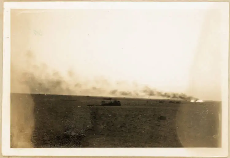 Burning tank at Sidi Rezegh, Libya, 1941