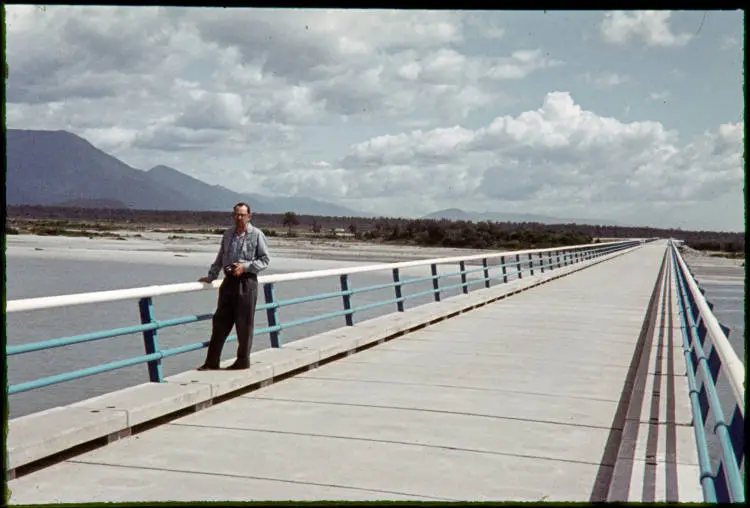 Jack Rowntree on Haast Bridge, 1965