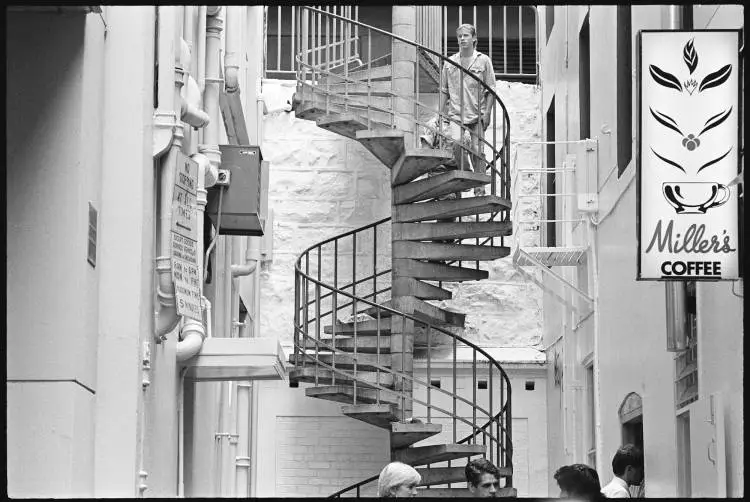 Spiral staircase, Exchange Lane, Auckland Central, 1989
