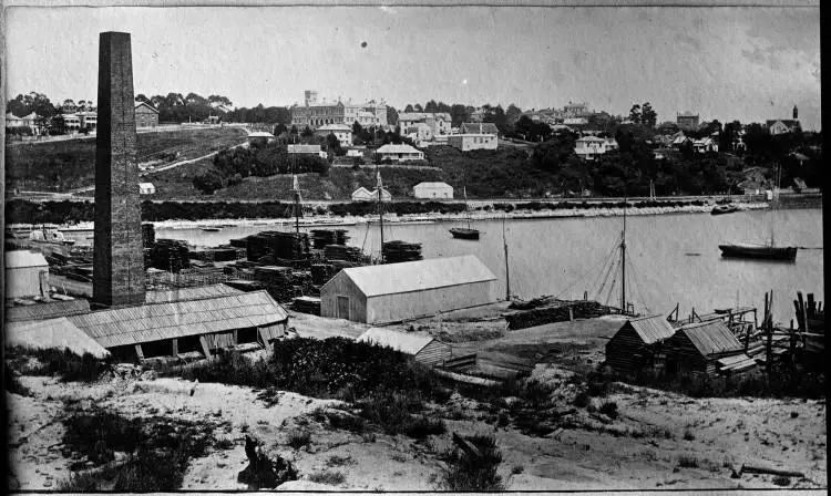 Lumberyards and Harker's Brickyard, Mechanic's Bay, 1880s