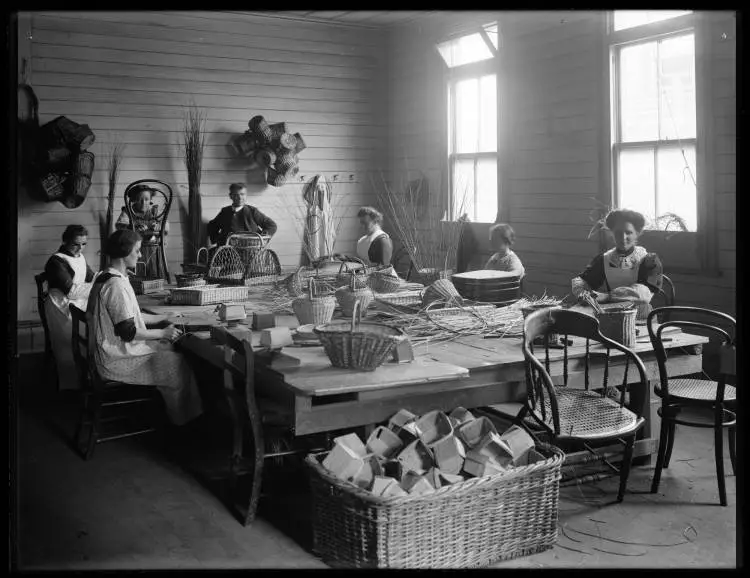 Blind women making cane baskets, Parnell, 1914