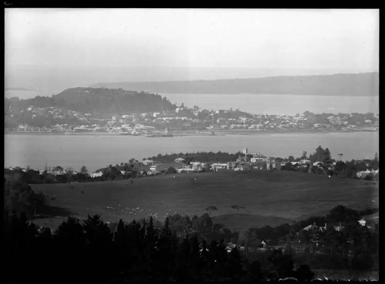 Looking across the Auckland Domain to Devonport, 1900