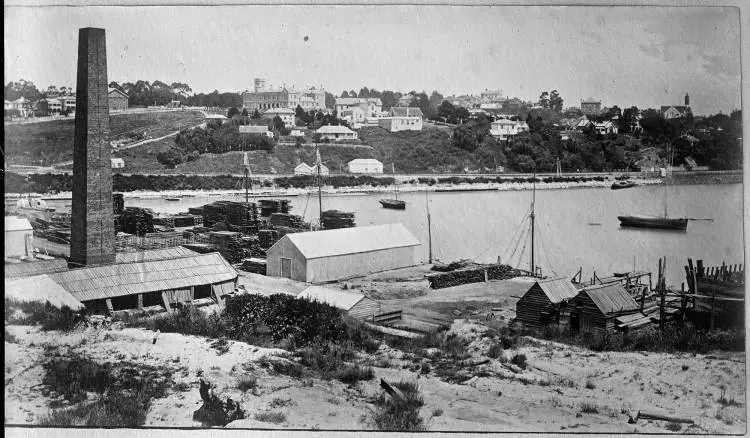 Lumberyards and Harker's Brickyard, Mechanic's Bay, 1880s