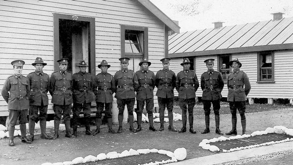 Soldiers outside a hut at Featherston Military Training Camp