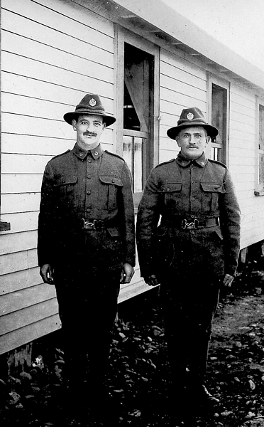 Two men outside a hut at Featherston Military Camp