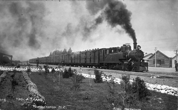 Troop train at Featherston Camp, postcard : digital image
