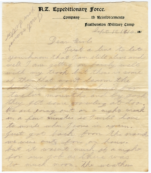 Letter from Featherston Military Camp