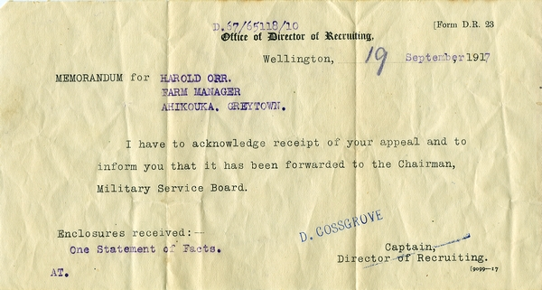 Appeal against conscription from Harold Orr