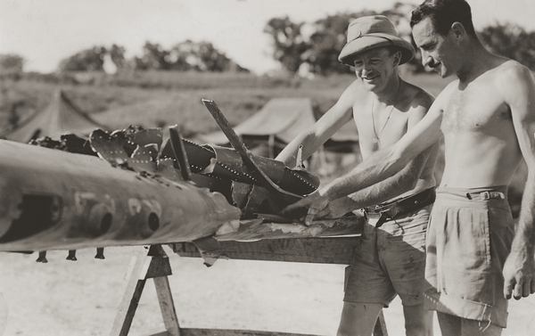 New Zealand airmen with damaged wing : digital image